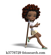 cute little cartoon school girl with curly hair. 3D rendering with clipping path and shadow over white