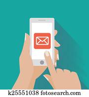 Hand touching smart phone with Email symbol on the screen Hand touching smart phone with Email symbol on the screen