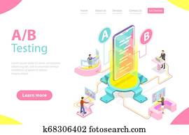 Isometric flat vector concept of AB testing, split test, A-B comparison. Isometric flat vector concept of AB testing, split test, A-B comparison.