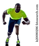 one muscular handicapped man starting line   with legs prosthesis in silhouette on white background
