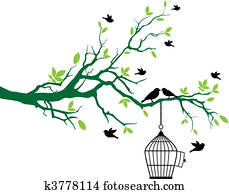 primavera, árvore, com, birdcage, e, pássaros