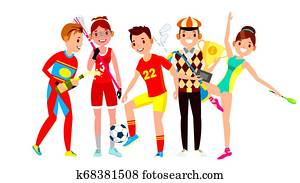 Athlete Set . Man, Woman. Lacrosse, Soccer, Golf, Gymnastics. Group Of Sports People In Uniform, Apparel. Sportsman Character In Game Action. Flat Cartoon Illustration Athlete Set . Man, Woman. Lacrosse, Soccer, Golf, Gymnastics. Group Of Sports People In Uniform, Apparel. Sportsman Character In Game Action. Flat Cartoon Illustration