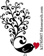 ornamental, pájaro, con, corazón rojo