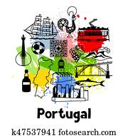 portugal, impressão, design., português, nacional, tradicional, símbolos, e, objetos portugal, impressão, design., português, nacional, tradicional, símbolos, e, objetos
