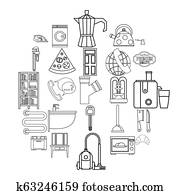 Rooming, casa, ícones, jogo, esboço, estilo