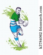 Rugby player running and passing ball with grid in the background. Rugby player running and passing ball with grid in the background.