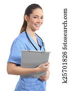 Young intern nurse posing holding a medical history