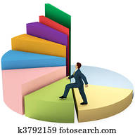 Business man climbs up growth pie chart stairs Business man climbs up growth pie chart stairs