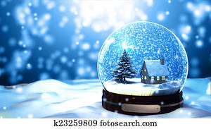Christmas Snow globe Snowflake with Snowfall on Blue Background Christmas Snow globe Snowflake with Snowfall on Blue Background