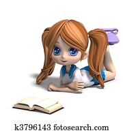 cute little cartoon school girl reads a book. 3D rendering with clipping path and shadow over white