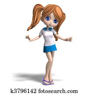 cute little cartoon school girl with pigtails. 3D rendering with clipping path and shadow over white