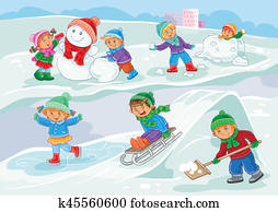 illustration of little children playing outdoors in winter illustration of little children playing outdoors in winter