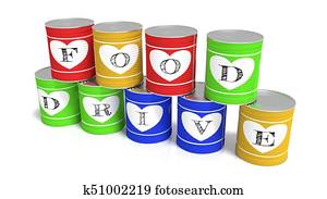 Nine stacked tin cans in different colors charity concept Nine stacked tin cans in different colors charity concept