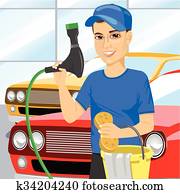 sorrindo, menino adolescente, usando, um, ensaboado, esponja, lavar, um, car