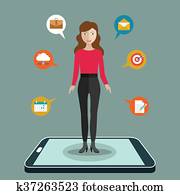 أنيس, إجهزة اْعِم, network., وقوف المرأة, عن, smartphone, ب, الدوائر, أيضا, إندمج, سهل, icons., مترابط, الرموز, ب, رقمي, متفاعل, باع, إرتبط, إتصل, عالمي, concepts.