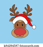 Christmas reindeer in red Santa Claus hat on blue background, stock vector illustration Christmas reindeer in red Santa Claus hat on blue background, stock vector illustration