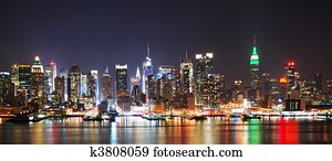 cidade nova iorque, noturna, skyline, panorama