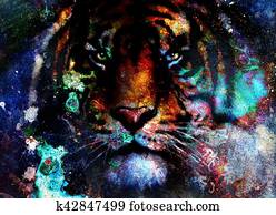 tiger collage on color abstract background, rust structure, wildlife animals, eye contact. tiger collage on color abstract background, rust structure, wildlife animals, eye contact.