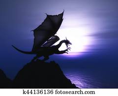 3D fantasy dragon against sunset ocean 3D fantasy dragon against sunset ocean