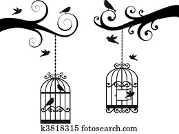 birdcage and birds, vector birdcage and birds, vector
