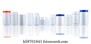 Plastic drug bottle container with closed cap. Pharmaceutical industry packaging. Many of medicine bottle with different size and shape with blank label isolated on white background. Plastic drug bottle container with closed cap. Pharmaceutical industry packaging. Many of medicine bottle with different size and shape with blank label isolated on white background.