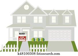 casa, vendido, con, para el signo de liquidación, color, ilustración