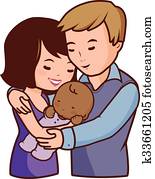 Happy family. Mother, father and their adopted baby. Vector Illustration