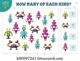 How many of each kind cartoon robot counting game for kids vector illustration How many of each kind cartoon robot counting game for kids vector illustration
