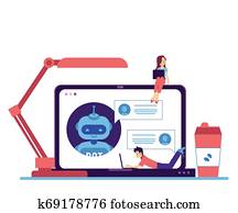 vektor, unterhaltung, bot, in, laptop, frau, mann, freiberuflich vektor, unterhaltung, bot, in, laptop, frau, mann, freiberuflich