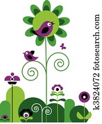 verde, y, flores púrpuras, con, remolinos, con, mariposa, y, aves