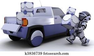 robot, chargement, boîtes, dans, les, dos, de, a, camion