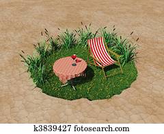 Tiny oasis in the desert with deck chair and table Tiny oasis in the desert with deck chair and table