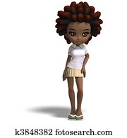cute little cartoon school girl with curly hair. 3D rendering with clipping path and shadow over white