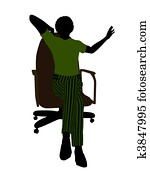 fêmea americana africana, negócio executivo, sentando, ligado, um, cadeira escritório, silueta, ligado, um, fundo branco