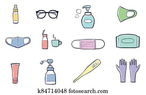 Illustration of Medical mask, sanitizer bottles, sanitizer spray,washing gel, soap, gloves, glasses, Mouthwash, Thermometer. Illustration of Medical mask, sanitizer bottles, sanitizer spray,washing gel, soap, gloves, glasses, Mouthwash, Thermometer.