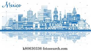 Outline Mexico City Skyline with Blue Buildings and Reflections. Outline Mexico City Skyline with Blue Buildings and Reflections.