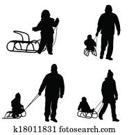 slädåkning, silhouettes