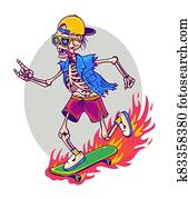 שלד, סקייטבורדים, קמיע, עם, חתום, של, ה, קרנות, העבר, חתום., סקאטאבוארדינג, וקטור, illustration.