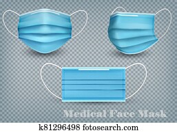 Collection of a blue medical face masks isolated on transparent background. To protect from infection and coronavirus Covid -19. Realistic Vector Illustration. Collection of a blue medical face masks isolated on transparent background. To protect from infection and coronavirus Covid -19. Realistic Vector Illustration.
