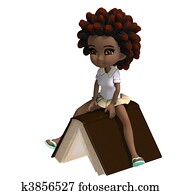 cute little cartoon school girl with curly hair is flying on a book. 3D rendering with clipping path and shadow over white