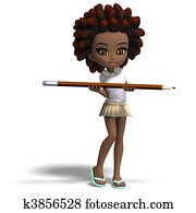 cute little cartoon school girl with curly hair. 3D rendering with clipping path and shadow over white