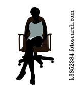 mulher americana africana, em, undewear, sentando, em, um, cadeira escritório, silueta