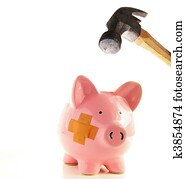 piggy bank, met, verband, over, om te, zijn, smahed, door, een, hamer, metafoor, voor, gezondheidszorg, kosten