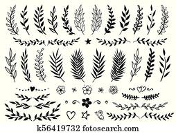 set of hand drawn branches and flowers set of hand drawn branches and flowers