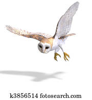 ינשוף של רפת, bird., 3d, השבה, עם, לגזוז שביל, ו, צל, מעל, לבן