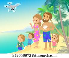 Big family mom dad and three children kids boy girl on vacation seashore ocean sea with quadcopter drone taking photo vector flat cartoon Big family mom dad and three children kids boy girl on vacation seashore ocean sea with quadcopter drone taking photo vector flat cartoon