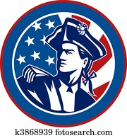 אמריקאי, רבולוציונר, חייל, עם, כוכבים ופסים, דגלל, ב, רקע, קבע, בתוך, a, הסתובב