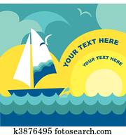 sunset view with sailing yacht, vector illustration 