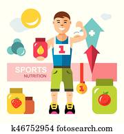 Vector Sports nutrition, Energy Diet Concept. Flat style colorful Cartoon illustration. Vector Sports nutrition, Energy Diet Concept. Flat style colorful Cartoon illustration.