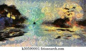 vívido, rodar, quadro, de, ilhas, pôr do sol, ou, amanhecer